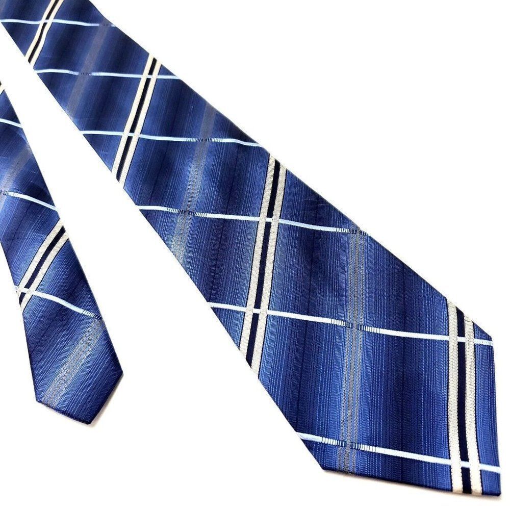 Van Heusen Blue Silk Tie Woven Gingham Plaid Stain Resistant